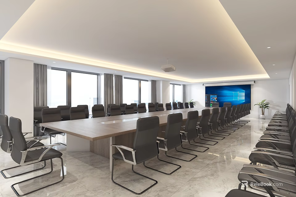 Conference Room Setup With Long Wooden Table Black Chairs Large Windows And Projection Screen 3d model 