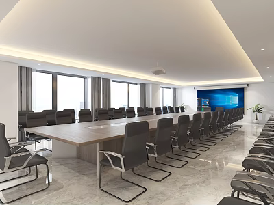 Conference Room Setup With Long Wooden Table Black Chairs Large Windows And Projection Screen 3d model