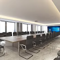 Conference Room Setup With Long Wooden Table Black Chairs Large Windows And Projection Screen