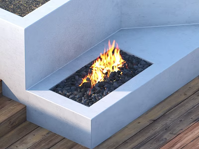 Outdoor Fire Pit With White Concrete Structure Burning Flames And Black Gravel On Wooden Deck 3d model