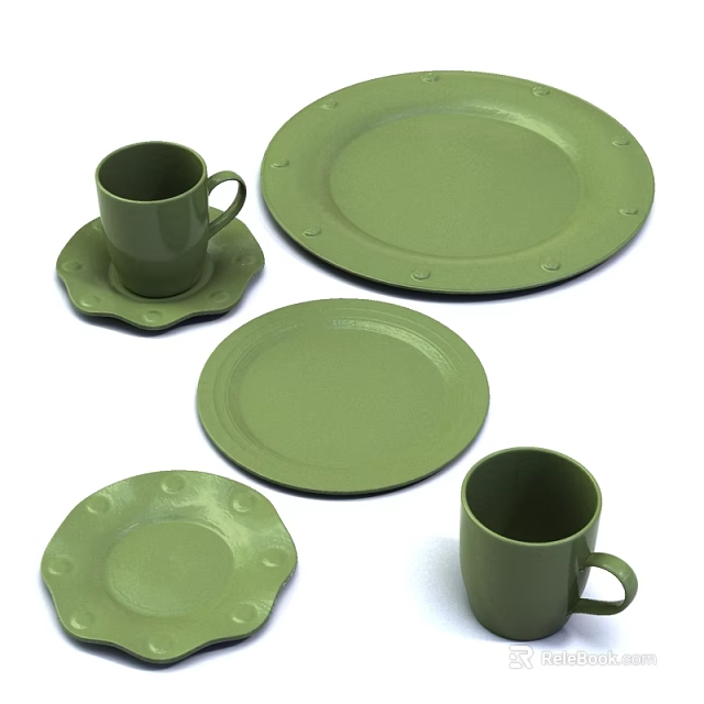 Stylish Green Tableware Set for Kitchen Dining with Mugs Plates and Coasters 3d model 