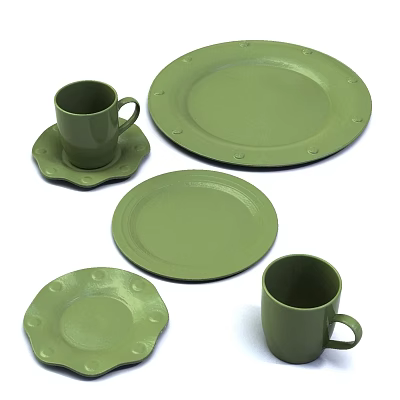 Stylish Green Tableware Set for Kitchen Dining with Mugs Plates and Coasters 3d model