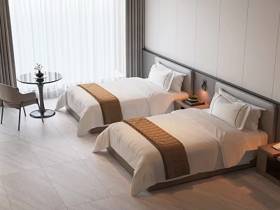 Two Beds Hotel Guest Room With White Sheets Brown Runners And Window Table Chair 3d model