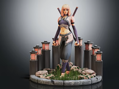 Blonde Haired Character In Purple Gray Outfit With Dual Swords Lantern Pillars Grass And Stones 3d model