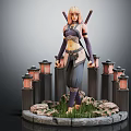 Blonde Haired Character In Purple Gray Outfit With Dual Swords Lantern Pillars Grass And Stones