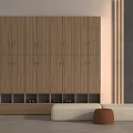Wooden Storage Cabinet With Multiple Doors And Open Compartments Near Beige Bench And Brown Stool
