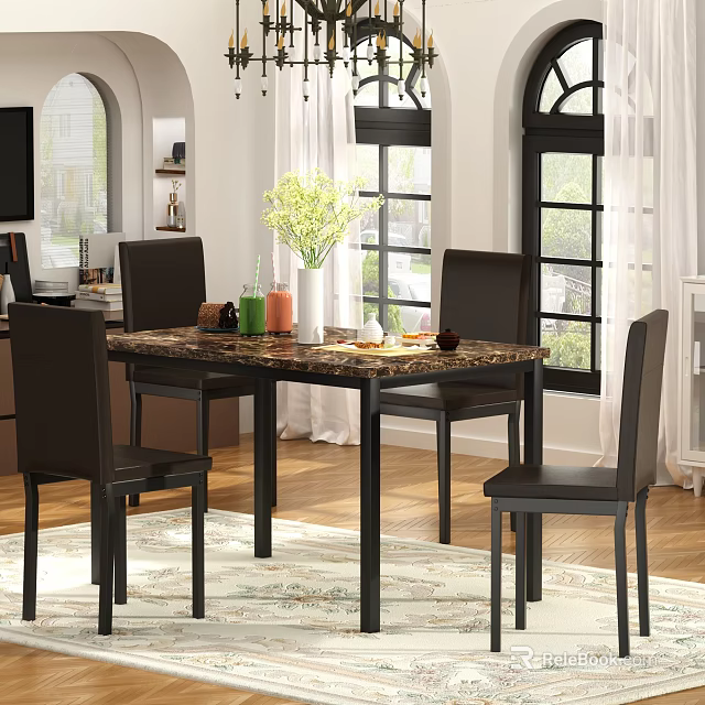 Elegant Restaurant Interior Featuring Dining Table Chairs Vase With Flowers Wooden Floor And Large Windows 3d model 