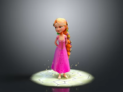 Game Movie Character With Blonde Long Braid And Pink Dress On Cracked Ground With Sparkles 3d model