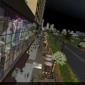 Modern Commercial Street With Glass Facades Pedestrians Outdoor Seating And Urban Skyline