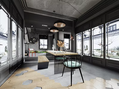 Modern Public Office Space With Large Windows Pendant Lights And Comfortable Workstations 3d model