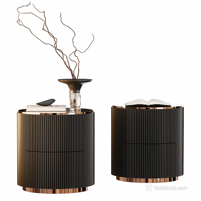Modern Black Ribbed Nightstand With Vase Open Book And Decorative Twigs 3d model 