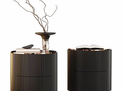 Modern Black Ribbed Nightstand With Vase Open Book And Decorative Twigs 3d model