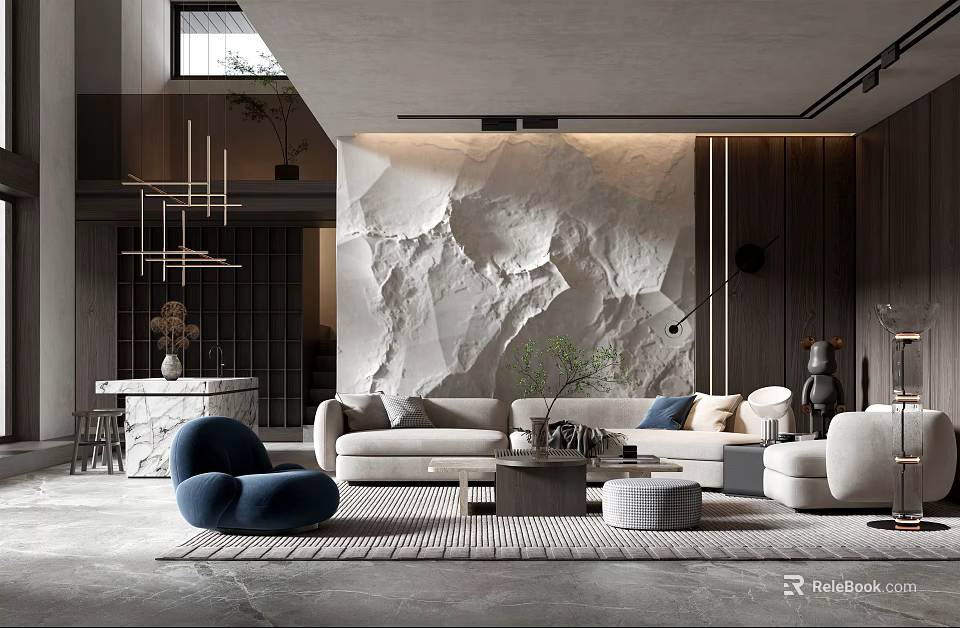 Modern Living Room Interior Design With Textured Stone Wall Light Sofa And Blue Accent Chair 3d model 