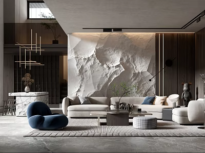 Modern Living Room Interior Design With Textured Stone Wall Light Sofa And Blue Accent Chair 3d model