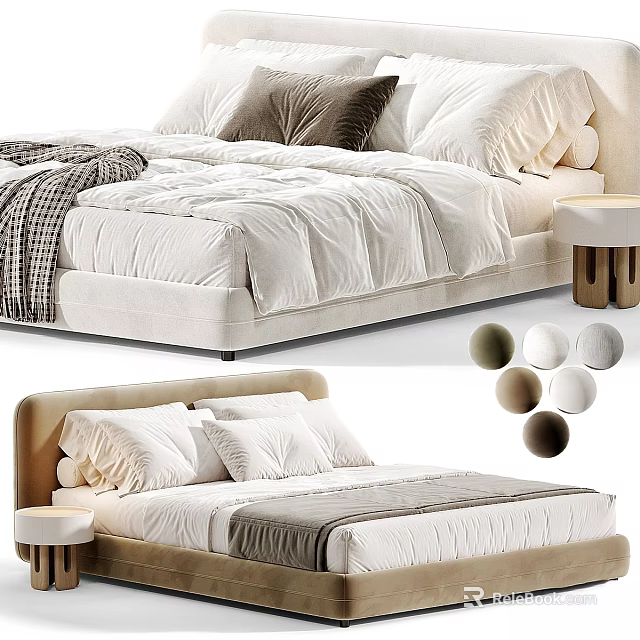 Modern Double Bed With White Bedding Gray Pillows And Round Decorative Balls 3d model 