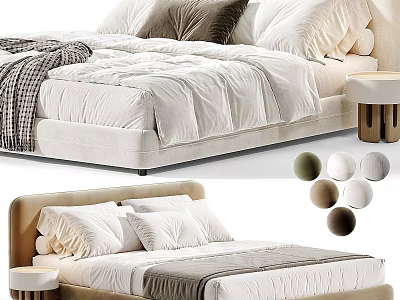 Modern Double Bed With White Bedding Gray Pillows And Round Decorative Balls 3d model