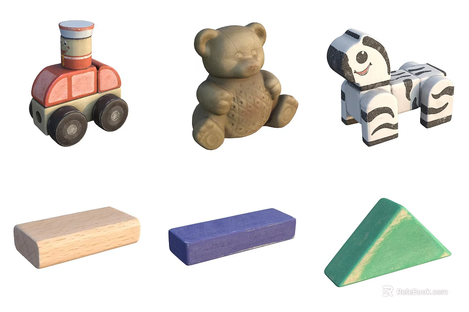 Wooden Stuffed Toys with Toy Train Teddy Bear Zebra and Building Blocks 3d model 