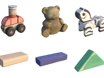 Wooden Stuffed Toys with Toy Train Teddy Bear Zebra and Building Blocks 3d model
