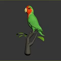 Green parrot with red head perched on branch with green leaves against gray background