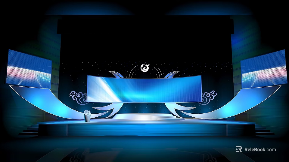 Elegant Stage Design With Blue Lighting Large Screen Decorations And Black Background 3d model 