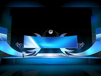 Elegant Stage Design With Blue Lighting Large Screen Decorations And Black Background 3d model