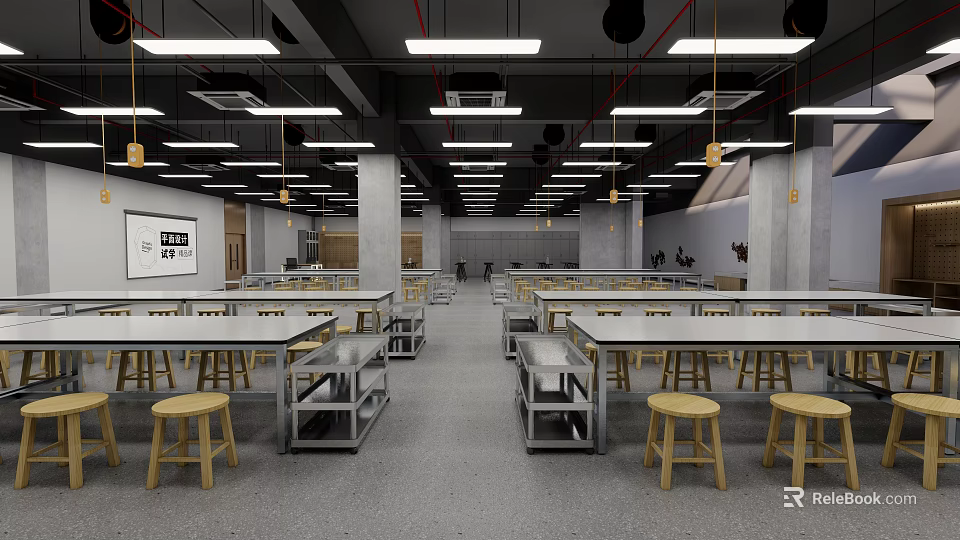 School Spacious Modern Classroom With Neat Desks Chairs Bright Lighting And Whiteboard 3d model 