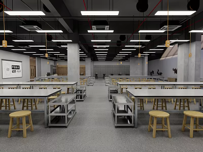 School Spacious Modern Classroom With Neat Desks Chairs Bright Lighting And Whiteboard 3d model