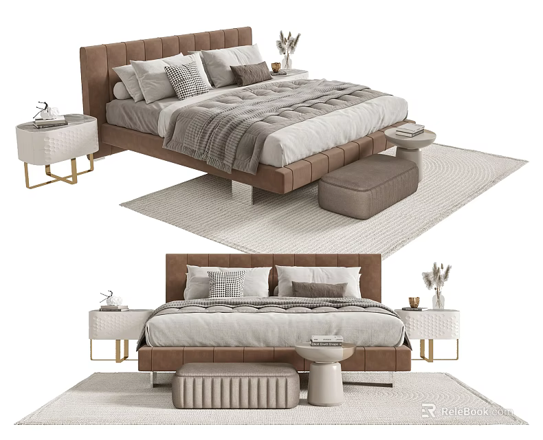 Modern Double Bed with Brown Headboard Gray Bedding Nightstands and Stool 3d model