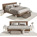 Modern Double Bed with Brown Headboard Gray Bedding Nightstands and Stool 3d model