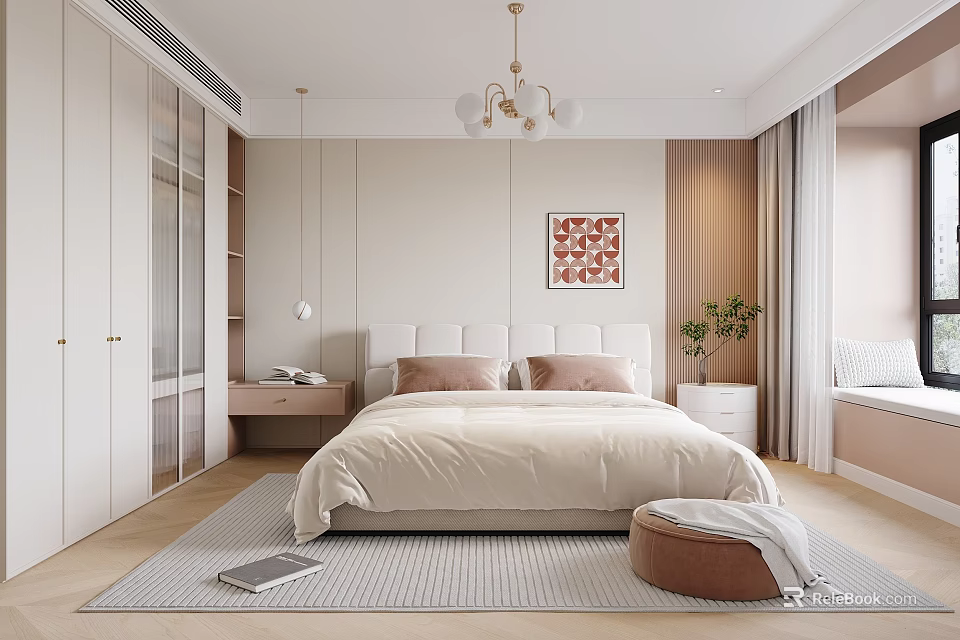 Modern Bedroom Interior Design With Beige Bedding Headboard Wardrobe Chandelier Area Rug And Artwork 3d model 