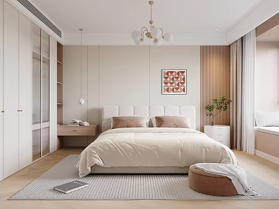 Modern Bedroom Interior Design With Beige Bedding Headboard Wardrobe Chandelier Area Rug And Artwork 3d model