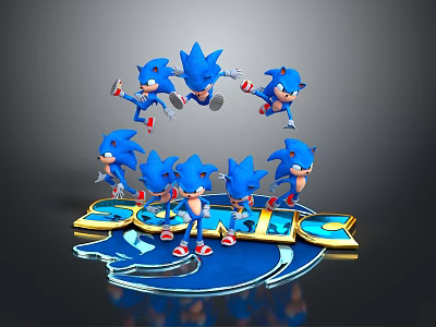 3D Sonic Character Scene With Multiple Blue Hedgehog Figures In Dynamic Poses And Logo 3d model