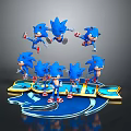 3D Sonic Character Scene With Multiple Blue Hedgehog Figures In Dynamic Poses And Logo