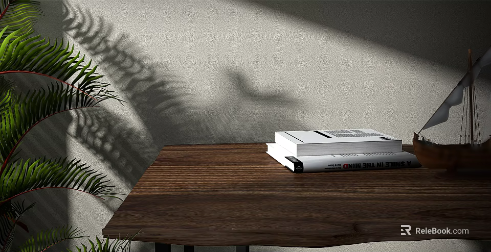 Stack of White Books on Wooden Table with Plant Shadow Background 3d model 