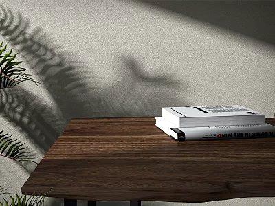 Stack of White Books on Wooden Table with Plant Shadow Background 3d model