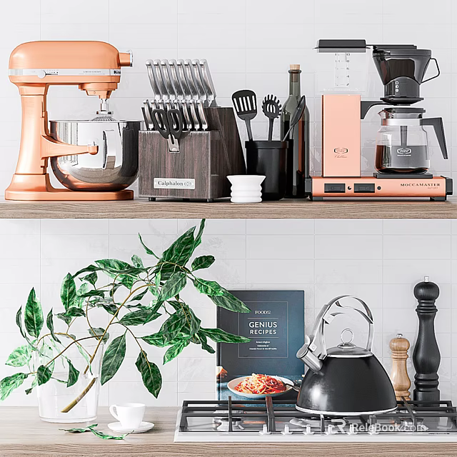 Stylish Kitchen Utensils Collection Featuring Orange Mixer Knife Block Coffee Maker Cookbook And Green Plant 3d model 