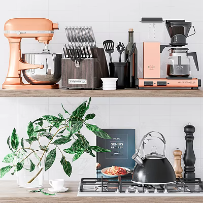 Stylish Kitchen Utensils Collection Featuring Orange Mixer Knife Block Coffee Maker Cookbook And Green Plant 3d model