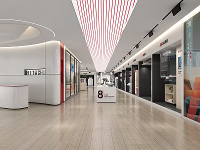 Spacious Modern Retail Store Interior With Product Display Areas Wooden Flooring And Striped Ceiling Designs 3d model