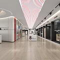 Spacious Modern Retail Store Interior With Product Display Areas Wooden Flooring And Striped Ceiling Designs