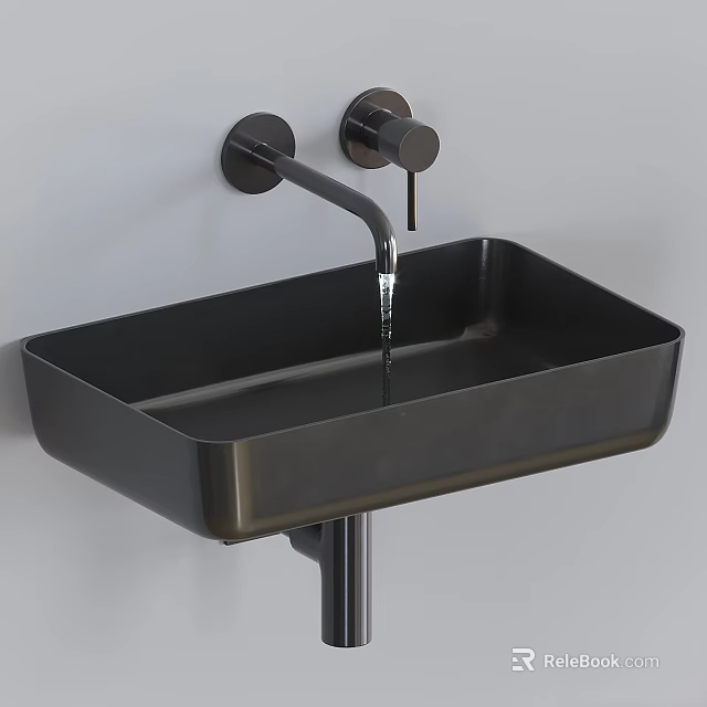 Black Square Wall-Mounted Washbasin with Black Faucet and Water Dripping on Gray Wall 3d model 