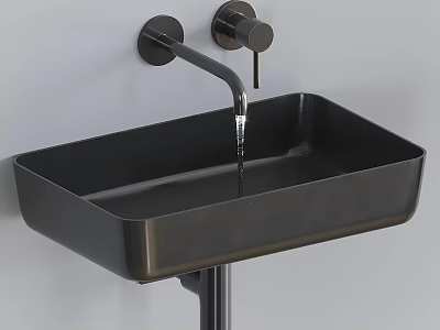 Black Square Wall-Mounted Washbasin with Black Faucet and Water Dripping on Gray Wall 3d model