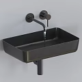Black Square Wall-Mounted Washbasin with Black Faucet and Water Dripping on Gray Wall