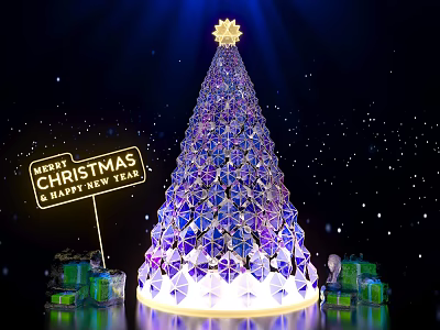 Decorative Christmas Tree With Star Top Gifts Starry Background And Festive Sign 3d model