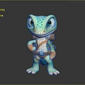 Cute Teal Lizard With Blue Spots Wearing Backpack And Straps In Standing 3D Cartoon Model