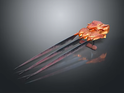 Ornate Ancient Metal Weapon Featuring Dragon Design And Three Sharp Prongs 3d model