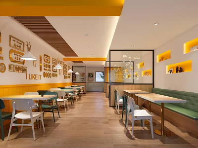 Bright Yellow Restaurant Interior With White Chairs Green Booths And Decorative Wall Art 3d model