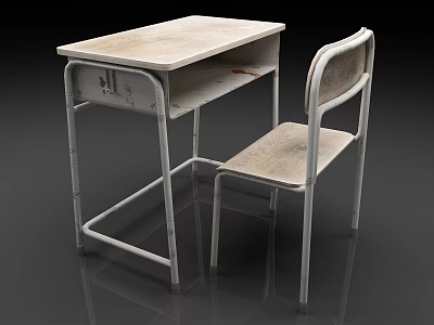 Old Wooden Top Desk With Worn Surface Metal Frame Legs And Matching Vintage Chair 3d model