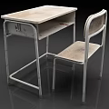Old Wooden Top Desk With Worn Surface Metal Frame Legs And Matching Vintage Chair