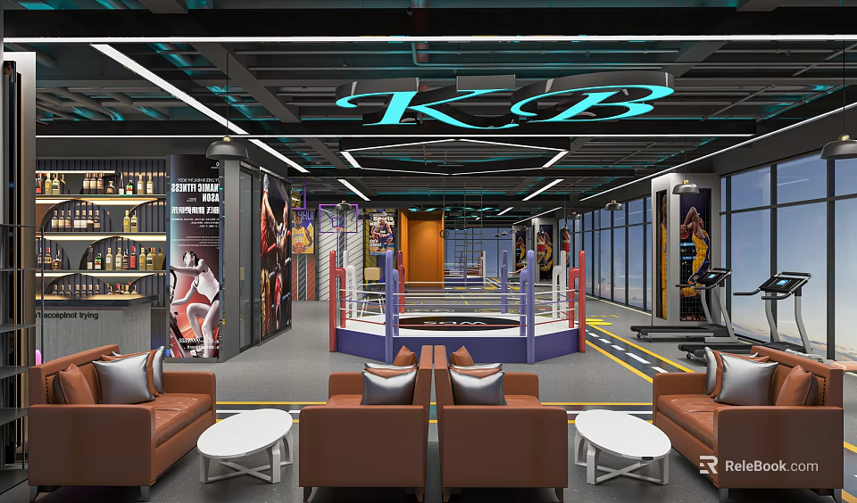 Modern Fitness Gym Interior With Boxing Ring Treadmills And Leather Sofas 3d model 