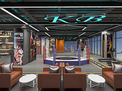 Modern Fitness Gym Interior With Boxing Ring Treadmills And Leather Sofas 3d model